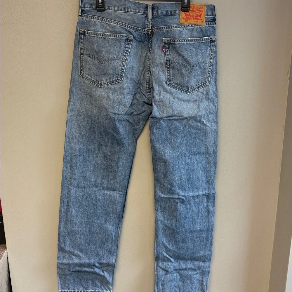 Levi’s 505 Regular Fit Jeans 36x34 Light Wash Distressed Repaired Denim